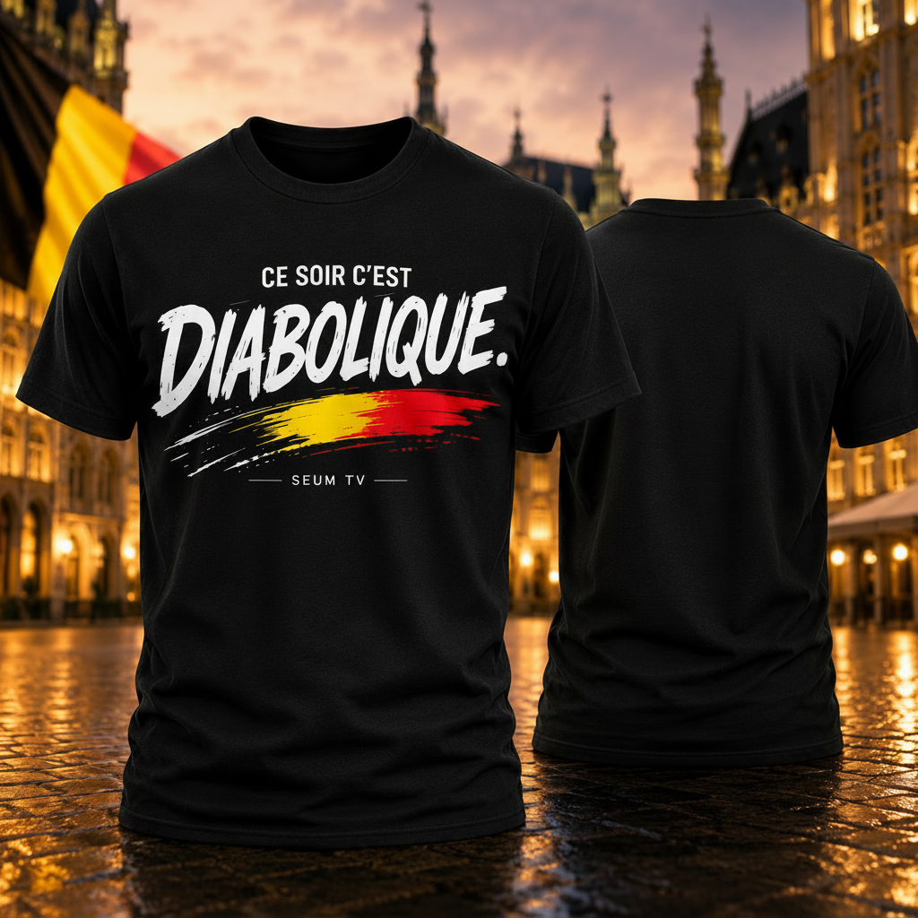 T-shirt noir de supporter belge “CE SOIR C’EST DIABOLIQUE.” présenté en recto verso, avec design aux couleurs noir-jaune-rouge de la Belgique, devant un décor inspiré de la Grand-Place de Bruxelles au coucher du soleil.