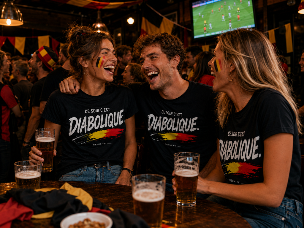 Groupe d’amis portant le maillot noir Ce soir c’est Diabolique SEUM TV dans un bar belge pendant un match.