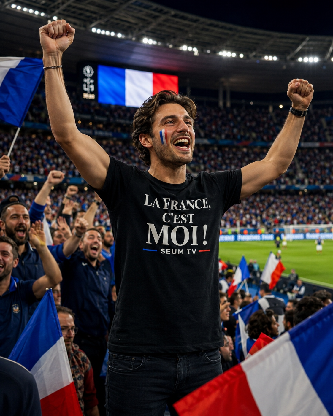 Supporter portant le maillot noir La France c’est moi SEUM TV dans un stade avec drapeaux français.