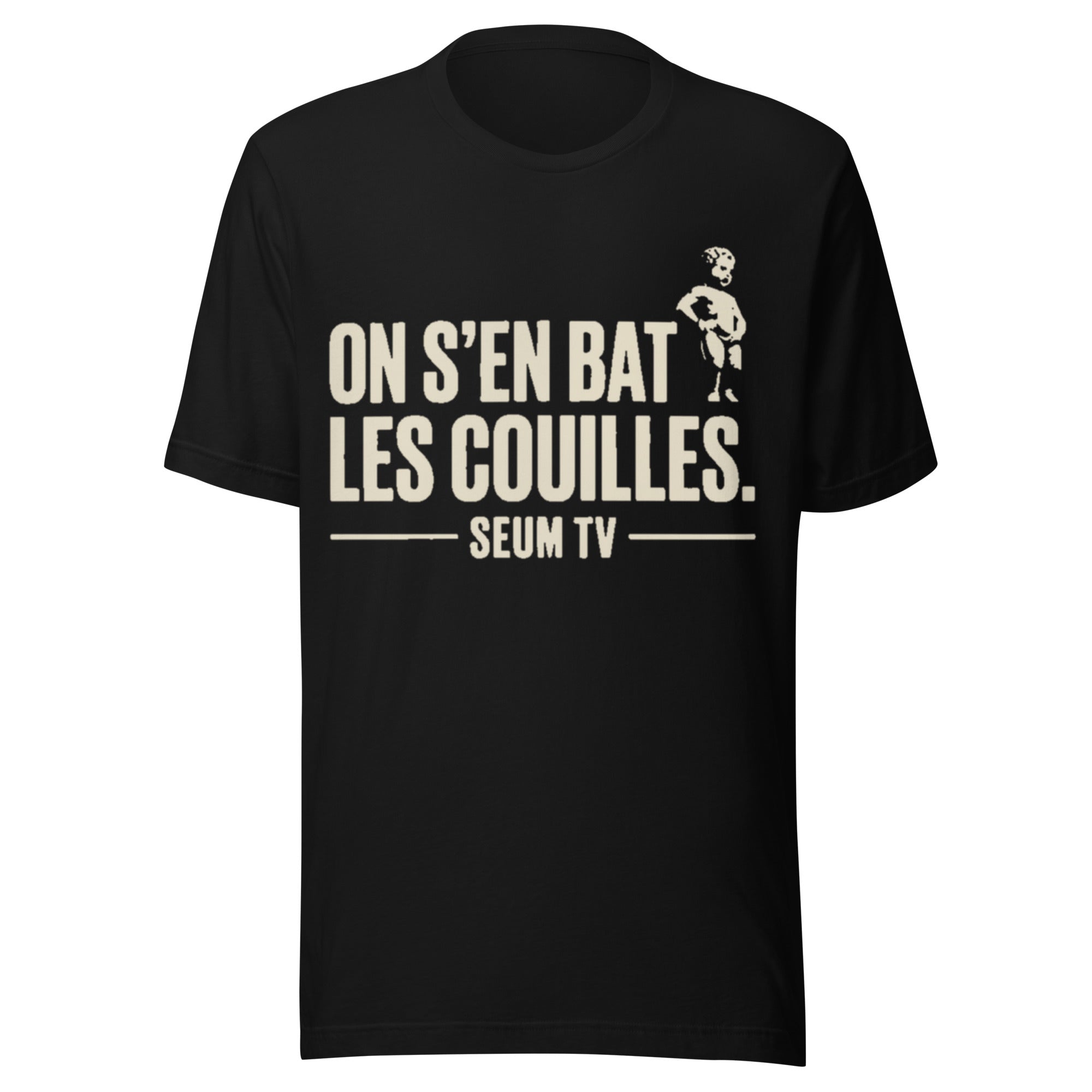 Mockup produit du maillot noir On s’en bat les couilles SEUM TV avec design Manneken Pis.